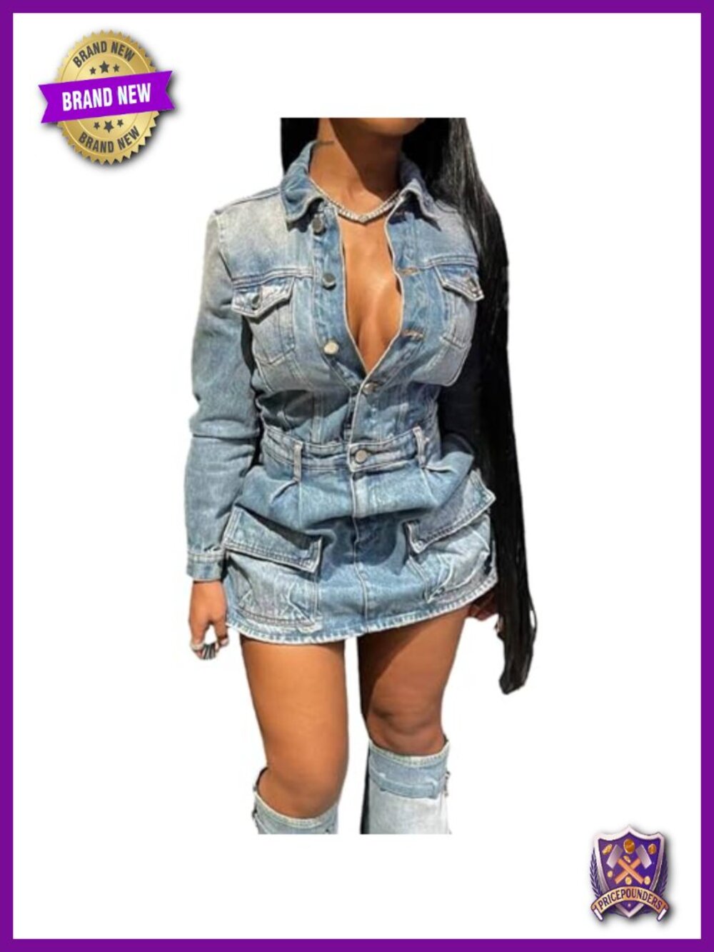 Sexy Mini Bodycon Denim Dress Long Sleeve Button Down 90s Vintage